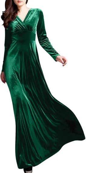ADHOWBEW Velvet Dress for Women Elegant Long Sleeve Maxi Dress Flowy V Neck Formal Long Prom Dress