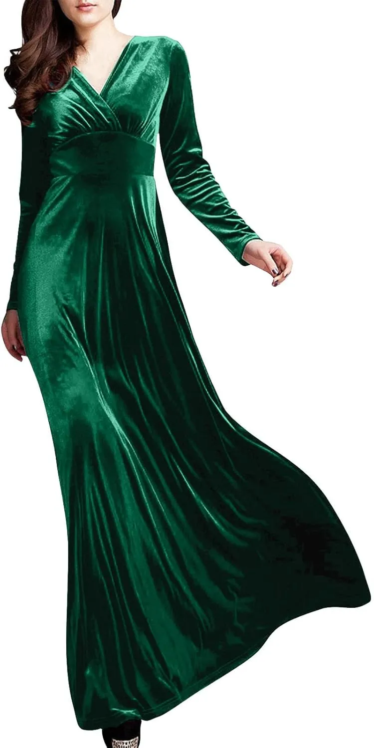 ADHOWBEW Velvet Dress for Women Elegant Long Sleeve Maxi Dress Flowy V Neck Formal Long Prom Dress