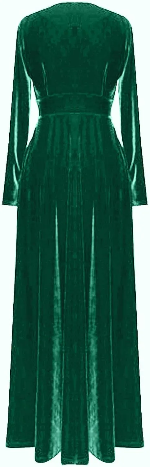 ADHOWBEW Velvet Dress for Women Elegant Long Sleeve Maxi Dress Flowy V Neck Formal Long Prom Dress