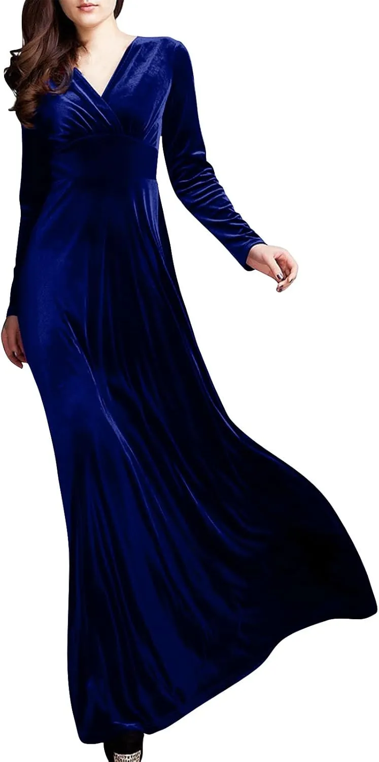 ADHOWBEW Velvet Dress for Women Elegant Long Sleeve Maxi Dress Flowy V Neck Formal Long Prom Dress