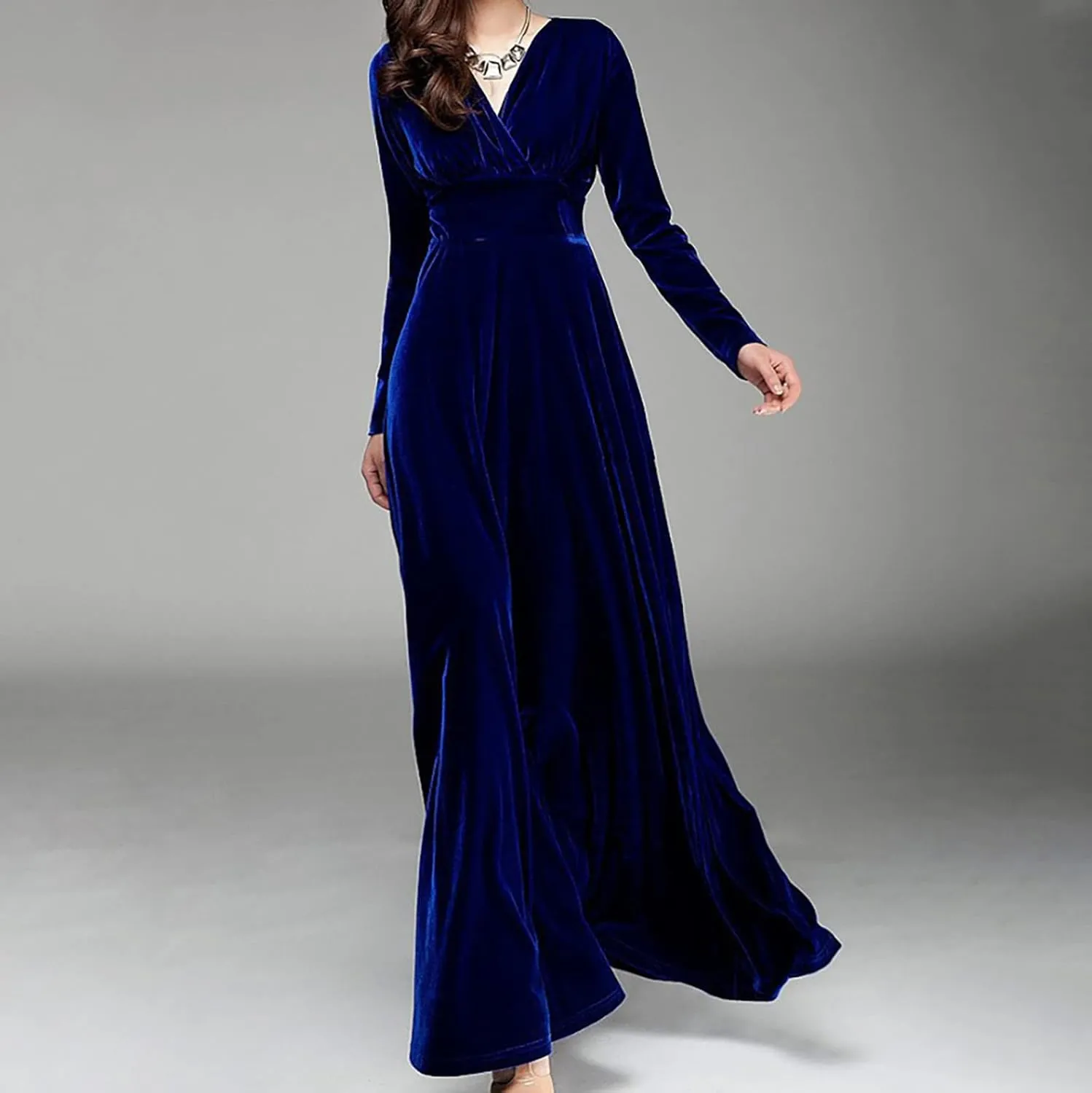 ADHOWBEW Velvet Dress for Women Elegant Long Sleeve Maxi Dress Flowy V Neck Formal Long Prom Dress