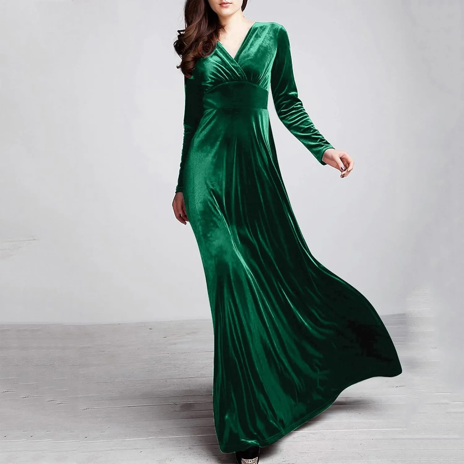 ADHOWBEW Velvet Dress for Women Elegant Long Sleeve Maxi Dress Flowy V Neck Formal Long Prom Dress