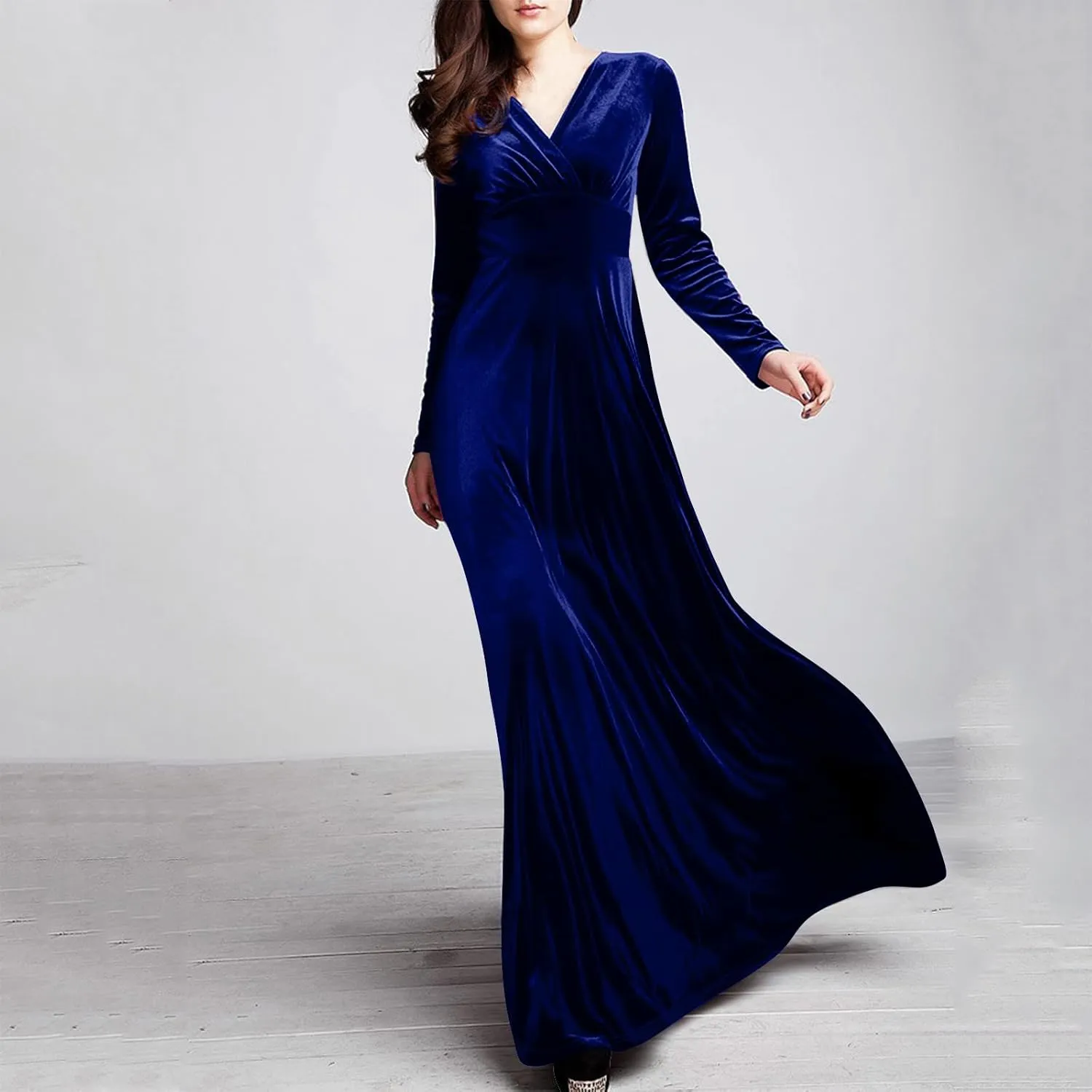 ADHOWBEW Velvet Dress for Women Elegant Long Sleeve Maxi Dress Flowy V Neck Formal Long Prom Dress