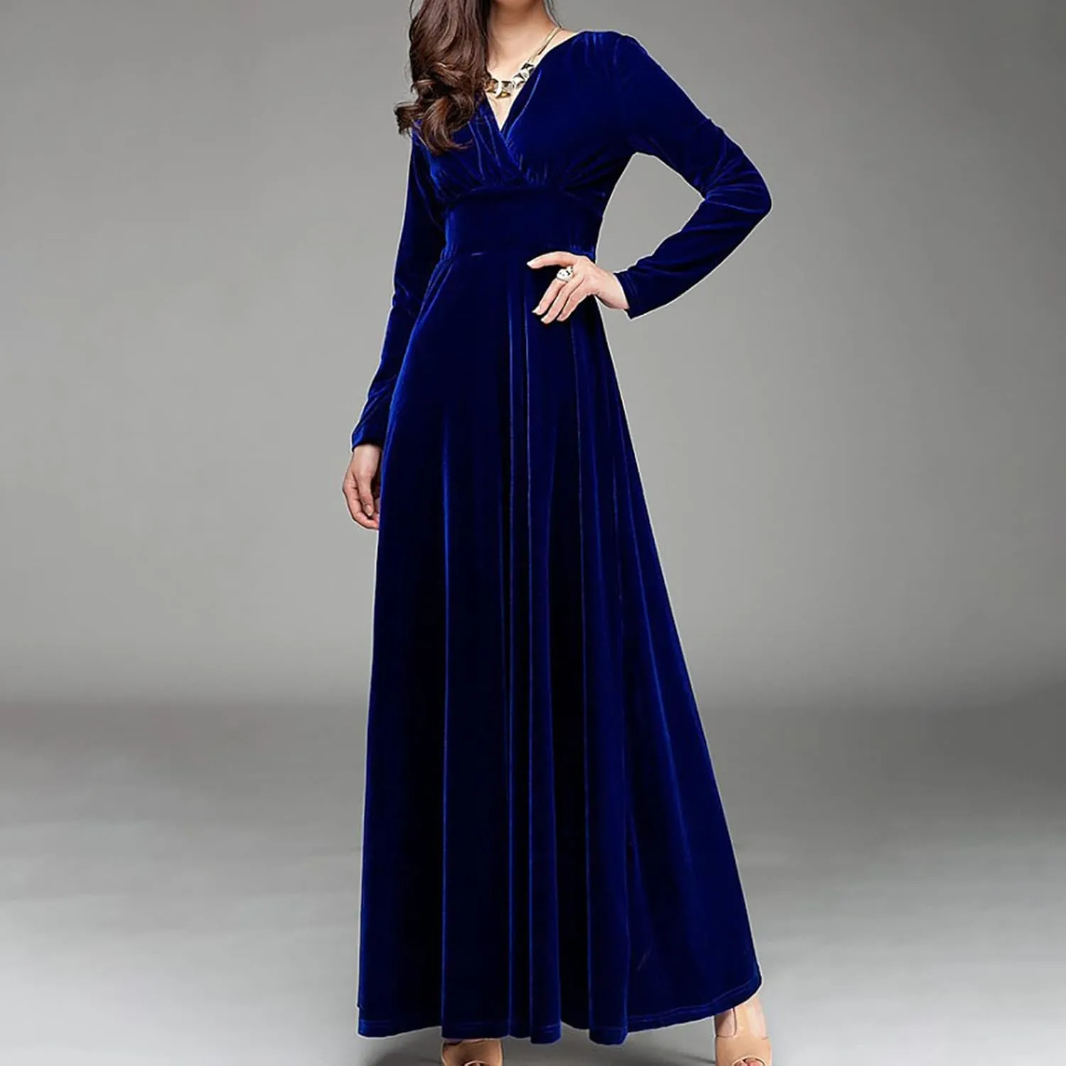 ADHOWBEW Velvet Dress for Women Elegant Long Sleeve Maxi Dress Flowy V Neck Formal Long Prom Dress