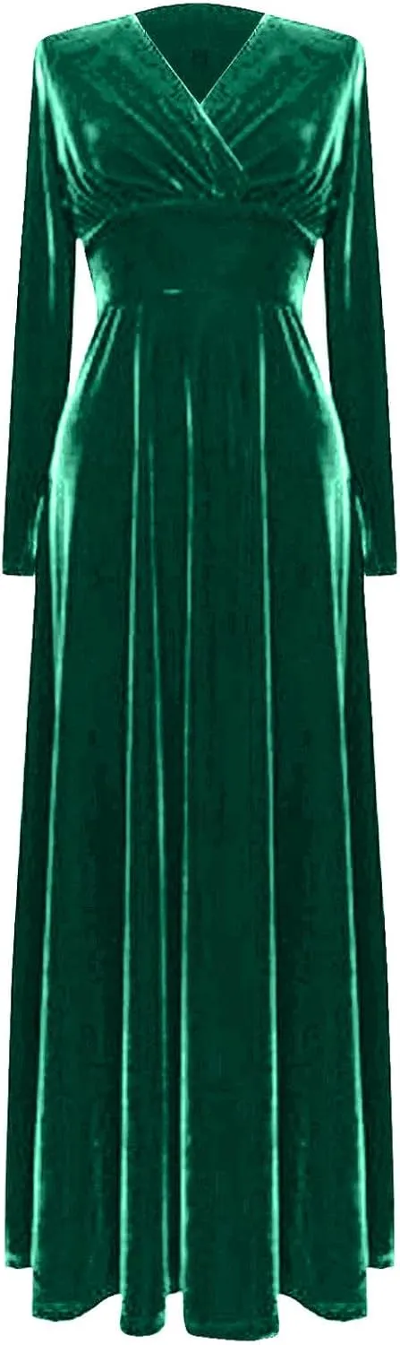 ADHOWBEW Velvet Dress for Women Elegant Long Sleeve Maxi Dress Flowy V Neck Formal Long Prom Dress
