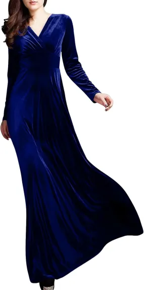 ADHOWBEW Velvet Dress for Women Elegant Long Sleeve Maxi Dress Flowy V Neck Formal Long Prom Dress