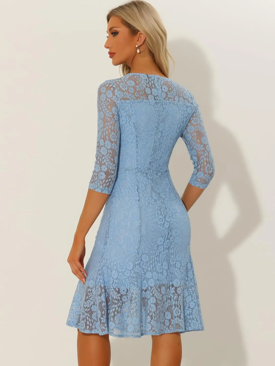 Allegra K Elegant Lace Dress for Women's 3/4 Sleeves Ruffles Bodycon Fishtail Dress
