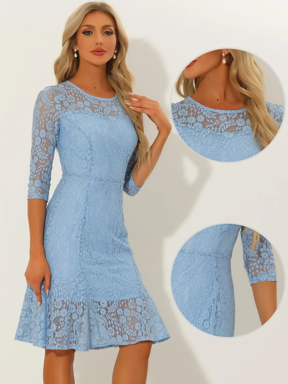 Allegra K Elegant Lace Dress for Women's 3/4 Sleeves Ruffles Bodycon Fishtail Dress