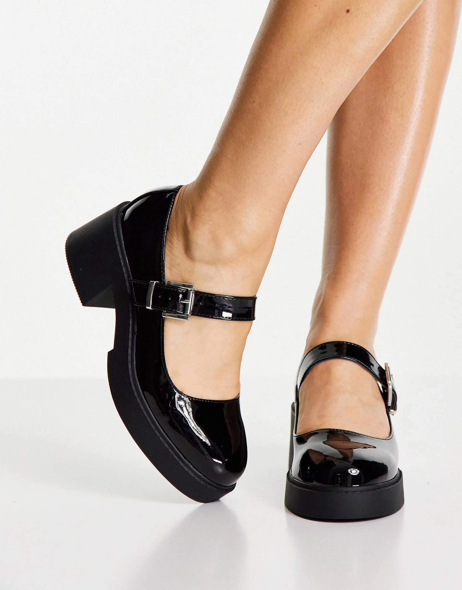 Asos Sebi Black Patent Fashion Buckle Mary Jane Rounded Toe Chunky Heel Loafers