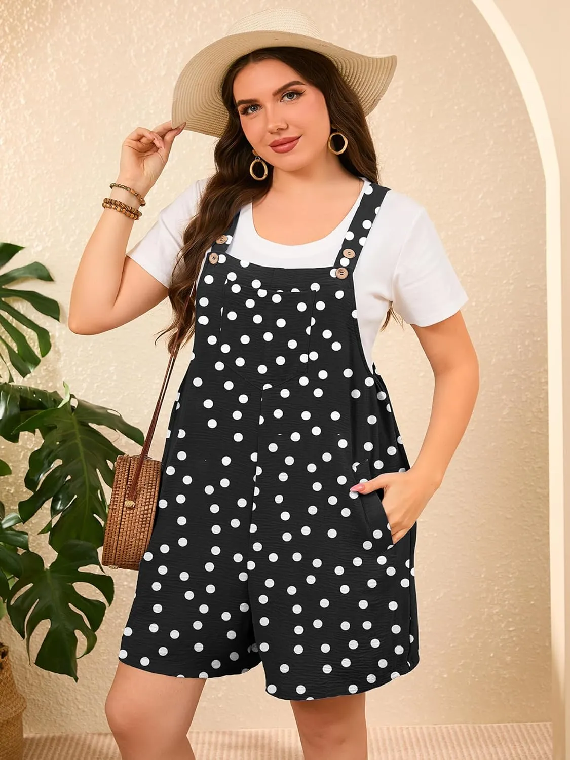 Aulooks Plus Size Women's Adjustable Straps Jumpsuits Casual Loose Wide Leg Overalls with Pockets