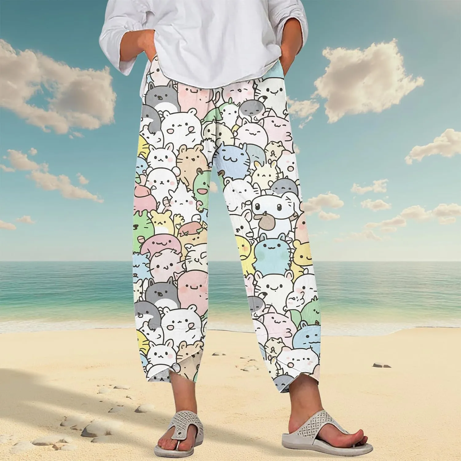 Beach Pants for Women Oversized Casual Wide Leg 2025 Summer Soft Elastic Waist Vacation Breathable Capri Pants
