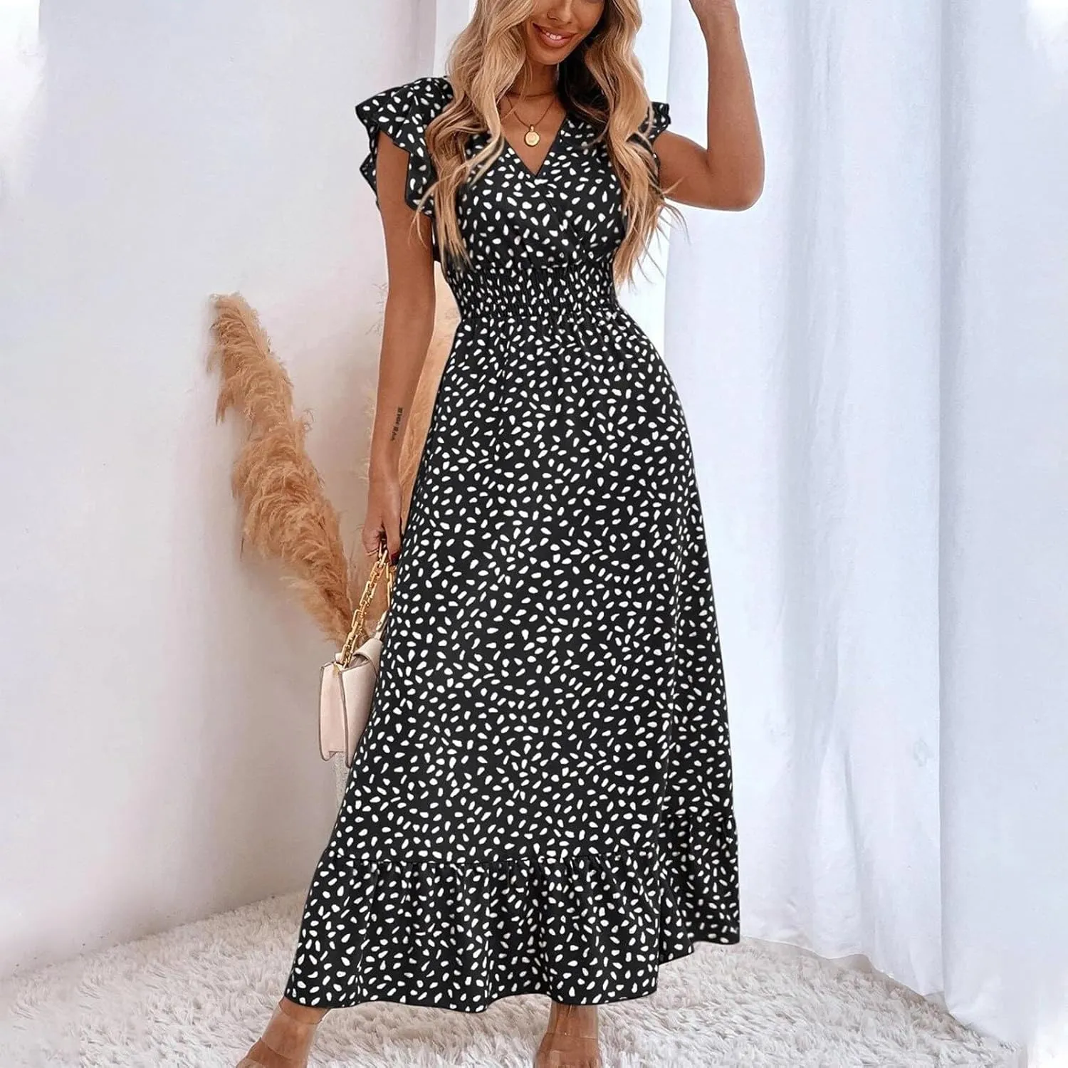 Boho Dresses for Women 2024 Summer Floral Print V Neck Maxi High Waist Wrap Dress Hawaiian Beach Flowy Dress