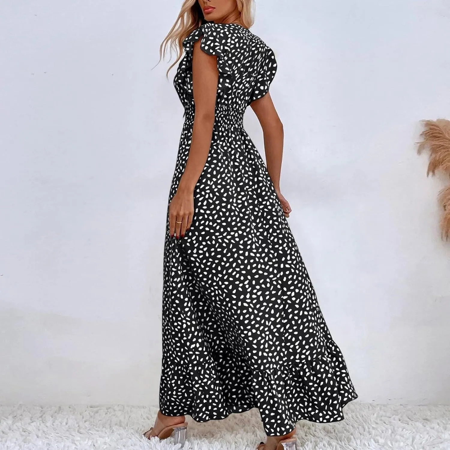 Boho Dresses for Women 2024 Summer Floral Print V Neck Maxi High Waist Wrap Dress Hawaiian Beach Flowy Dress