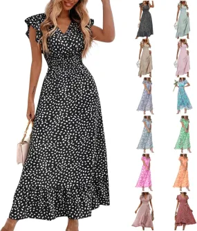 Boho Dresses for Women 2024 Summer Floral Print V Neck Maxi High Waist Wrap Dress Hawaiian Beach Flowy Dress
