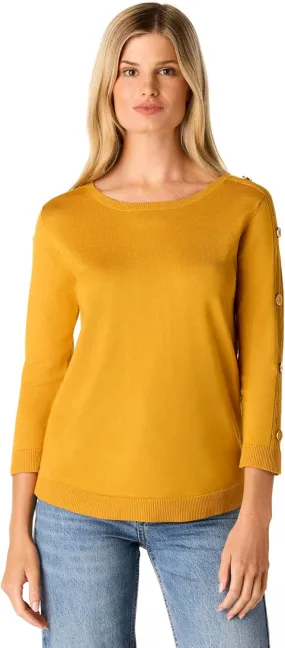 Cable & Gauge Women's Button Sleeve Round Hem Sweater - Soft Boat Neck Design, Chic & Casual, Versatile Everyday Top