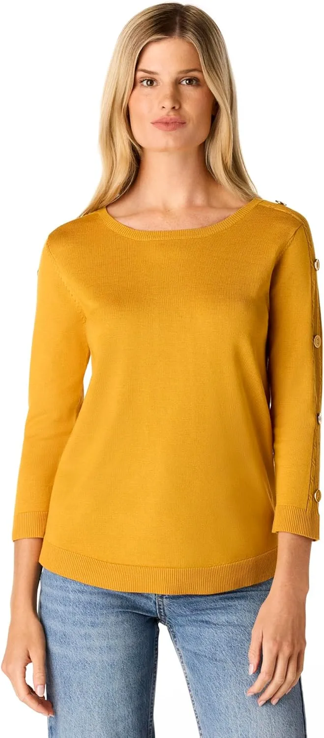 Cable & Gauge Women's Button Sleeve Round Hem Sweater - Soft Boat Neck Design, Chic & Casual, Versatile Everyday Top