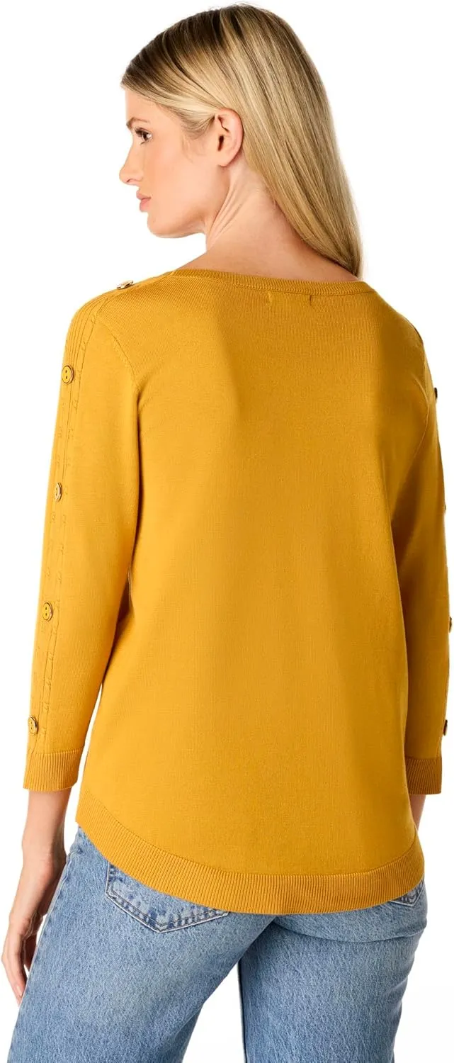 Cable & Gauge Women's Button Sleeve Round Hem Sweater - Soft Boat Neck Design, Chic & Casual, Versatile Everyday Top