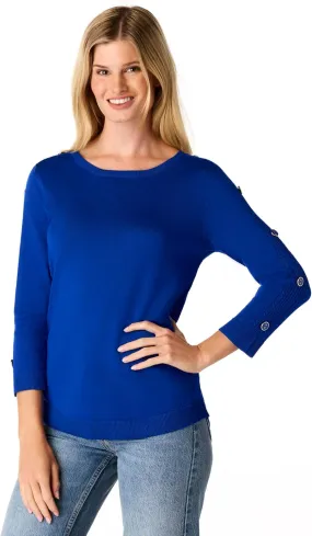 Cable & Gauge Women's Button Sleeve Round Hem Sweater - Soft Boat Neck Design, Chic & Casual, Versatile Everyday Top