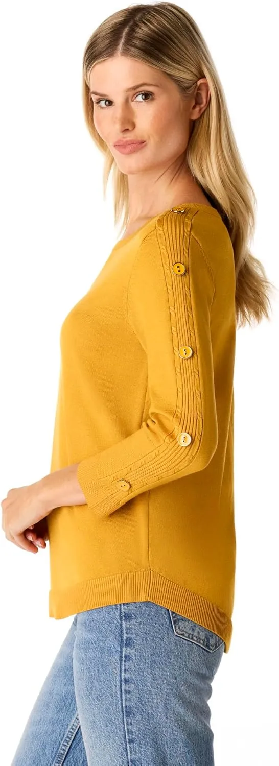 Cable & Gauge Women's Button Sleeve Round Hem Sweater - Soft Boat Neck Design, Chic & Casual, Versatile Everyday Top