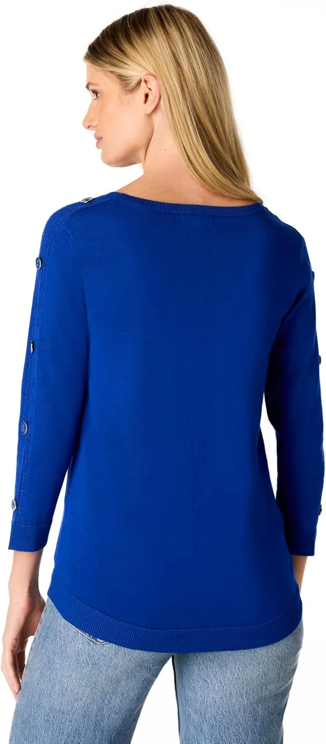 Cable & Gauge Women's Button Sleeve Round Hem Sweater - Soft Boat Neck Design, Chic & Casual, Versatile Everyday Top
