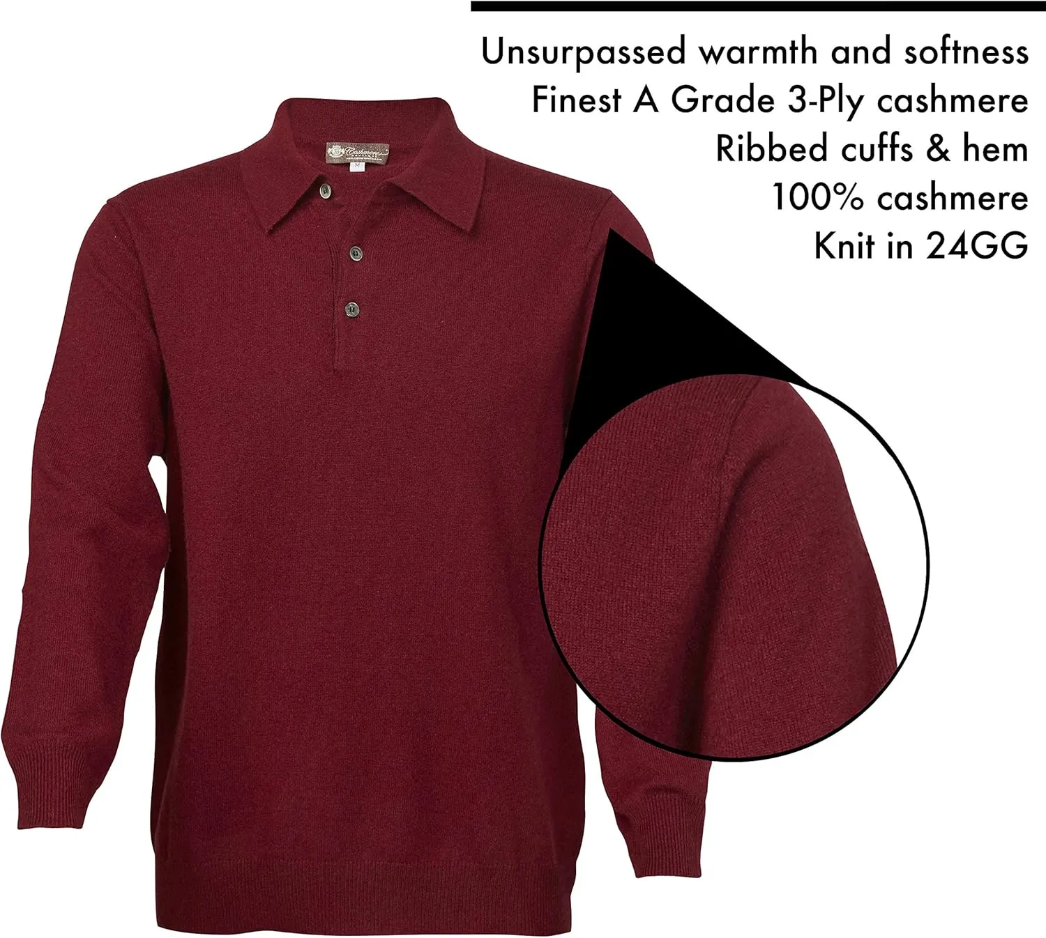 Cashmere Boutique 100% Pure Cashmere Polo Pullover Sweater for Men  Polo Neck, Long Sleeve, Lightweight, Soft & Warm Sweater