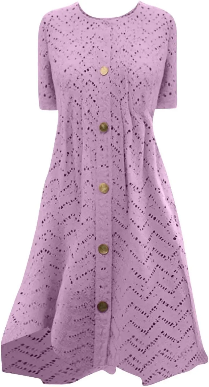 Casual Dresses for Women Summer Beach Vacation Swing Eyelet Sundresses Flowy Pleated Button Up t-Shirt Dress