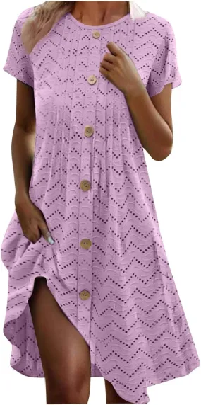 Casual Dresses for Women Summer Beach Vacation Swing Eyelet Sundresses Flowy Pleated Button Up t-Shirt Dress