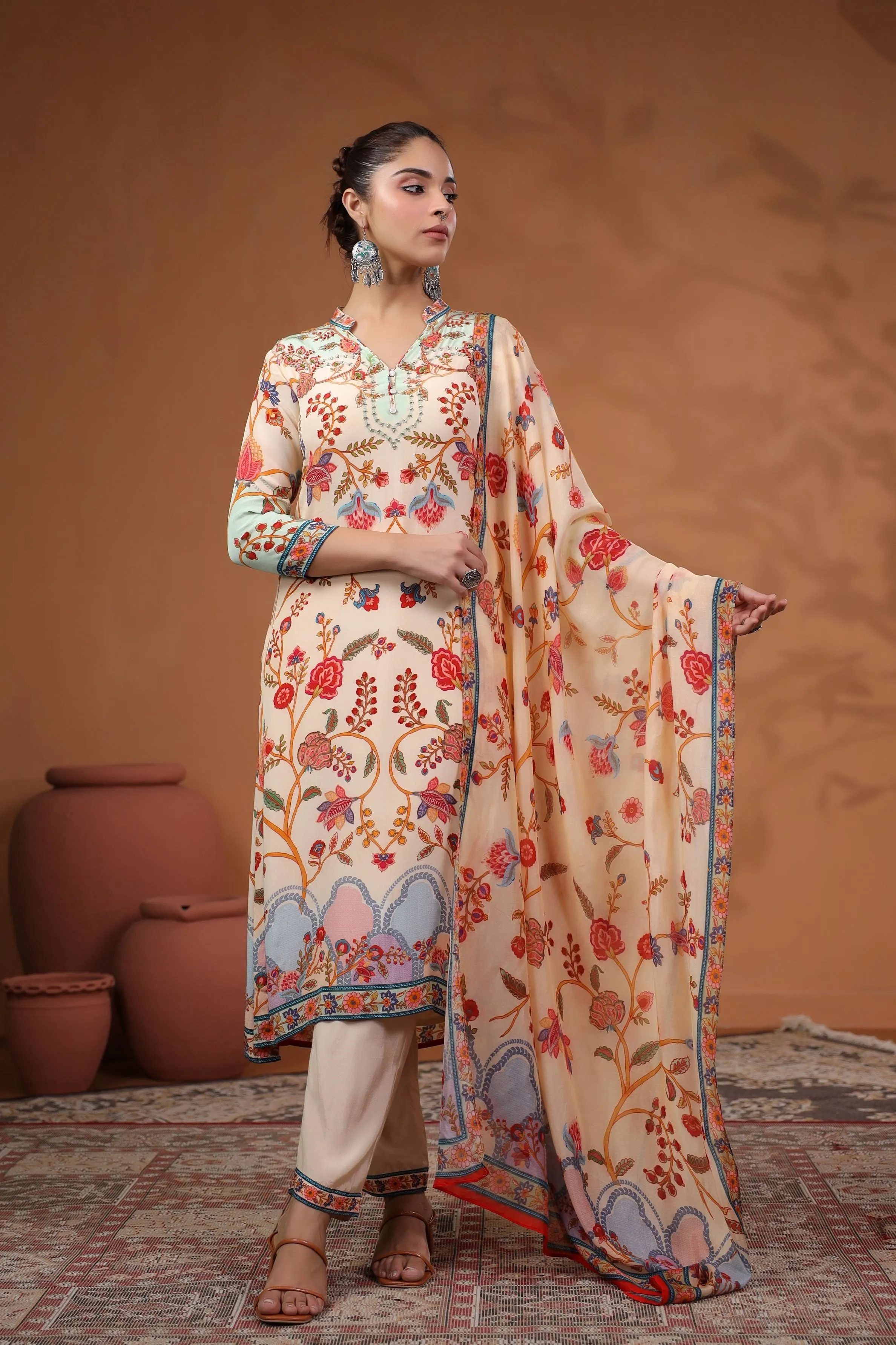 Chic Peach Printed Tussar Silk Kurta Set
