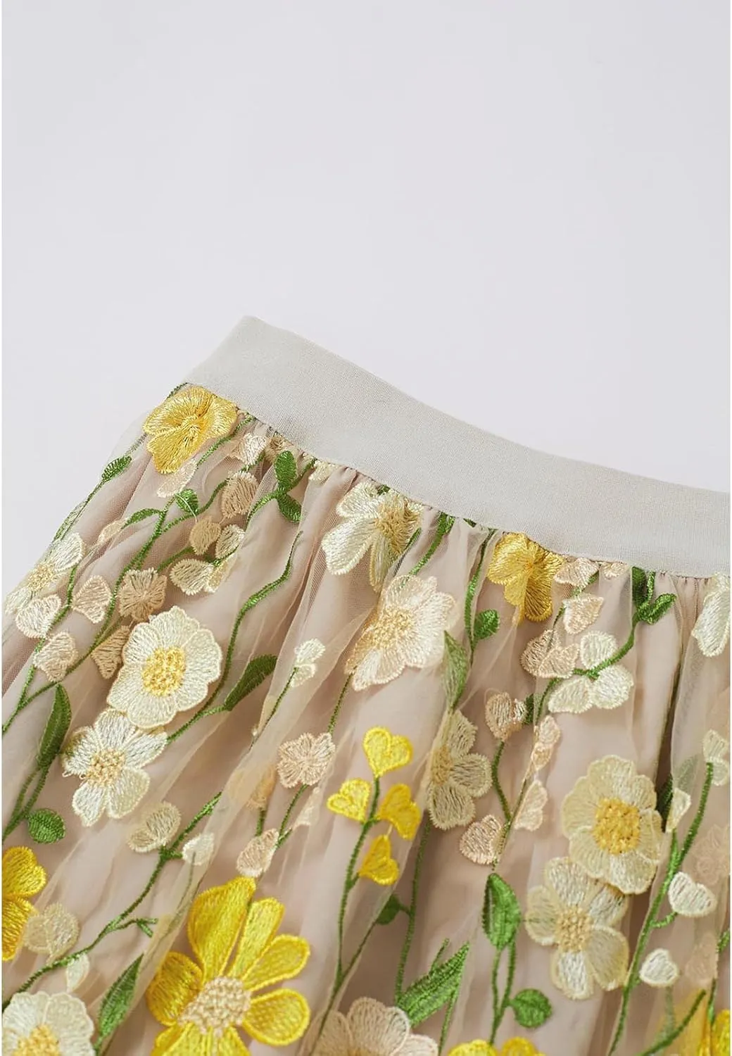 CHICWISH Women 3D Floral Applique Embroidery Maxi Skirt Elastic High Waist A-Line Garden Party Mesh Tulle Skirt