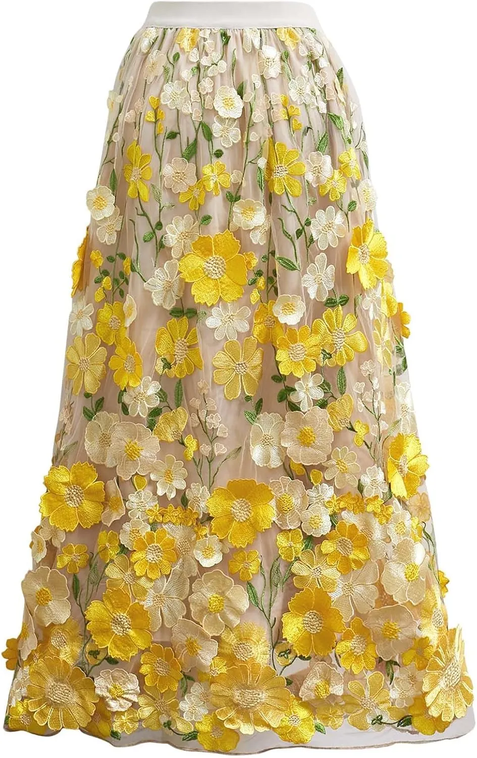 CHICWISH Women 3D Floral Applique Embroidery Maxi Skirt Elastic High Waist A-Line Garden Party Mesh Tulle Skirt