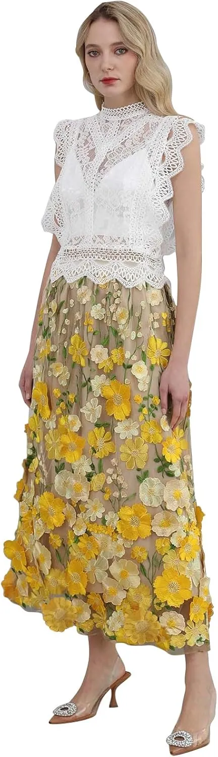 CHICWISH Women 3D Floral Applique Embroidery Maxi Skirt Elastic High Waist A-Line Garden Party Mesh Tulle Skirt