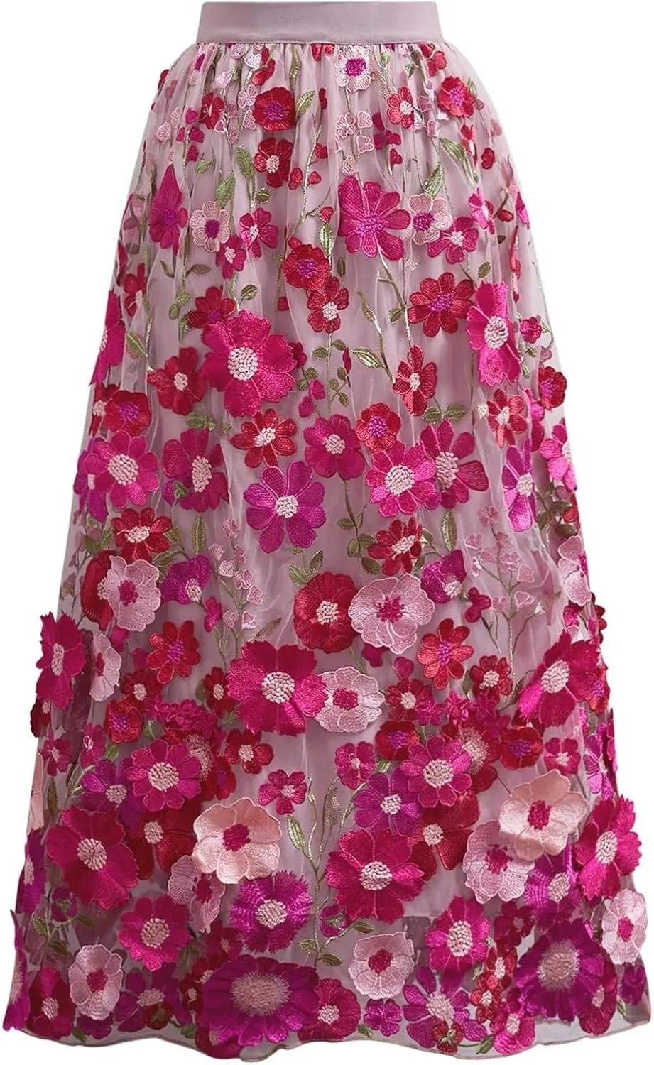 CHICWISH Women 3D Floral Applique Embroidery Maxi Skirt Elastic High Waist A-Line Garden Party Mesh Tulle Skirt