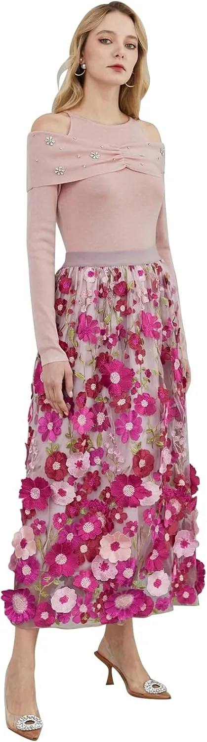 CHICWISH Women 3D Floral Applique Embroidery Maxi Skirt Elastic High Waist A-Line Garden Party Mesh Tulle Skirt