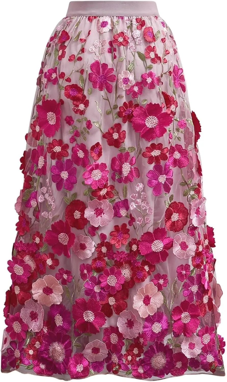 CHICWISH Women 3D Floral Applique Embroidery Maxi Skirt Elastic High Waist A-Line Garden Party Mesh Tulle Skirt
