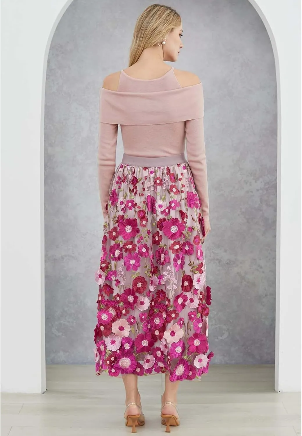 CHICWISH Women 3D Floral Applique Embroidery Maxi Skirt Elastic High Waist A-Line Garden Party Mesh Tulle Skirt