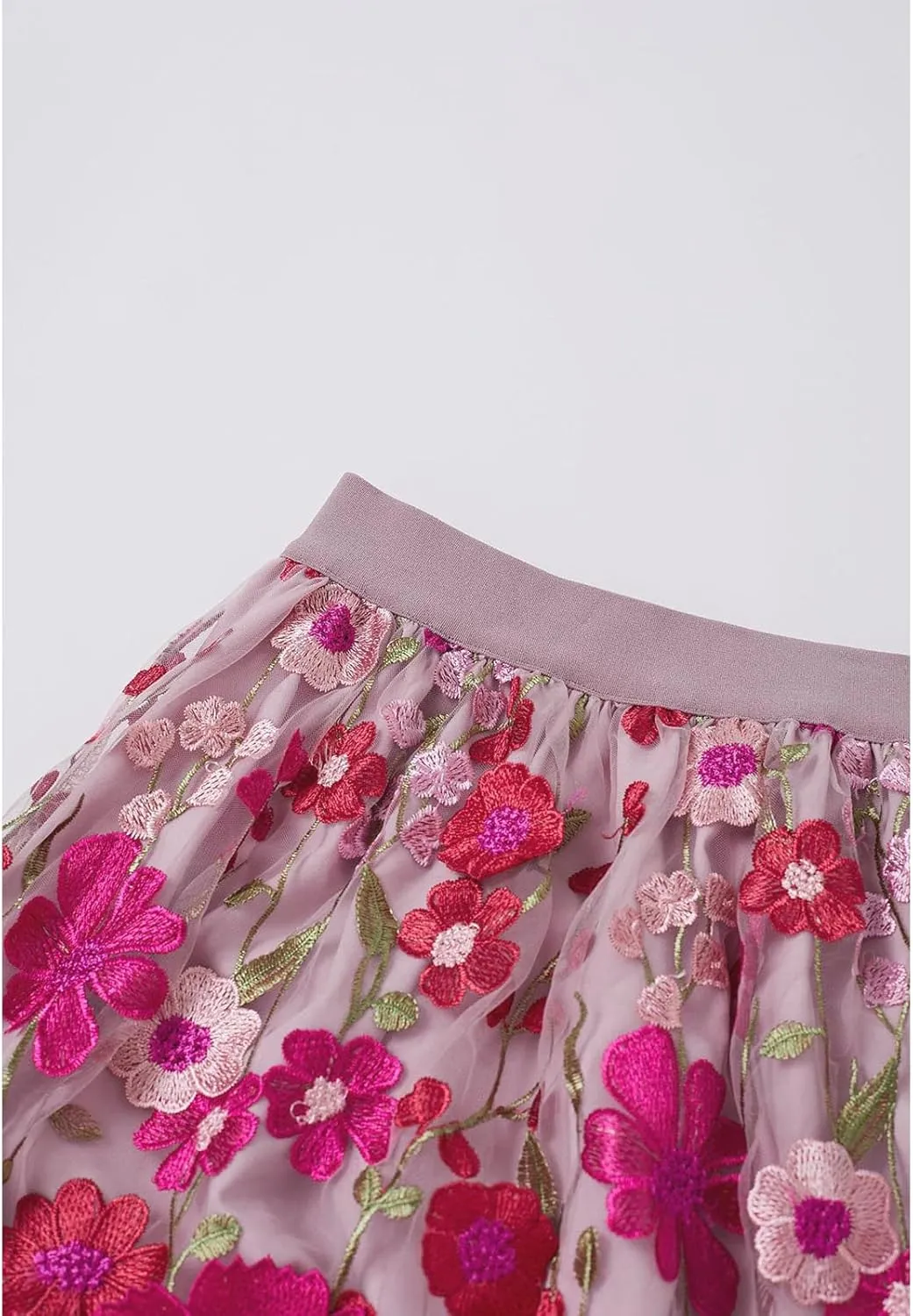 CHICWISH Women 3D Floral Applique Embroidery Maxi Skirt Elastic High Waist A-Line Garden Party Mesh Tulle Skirt