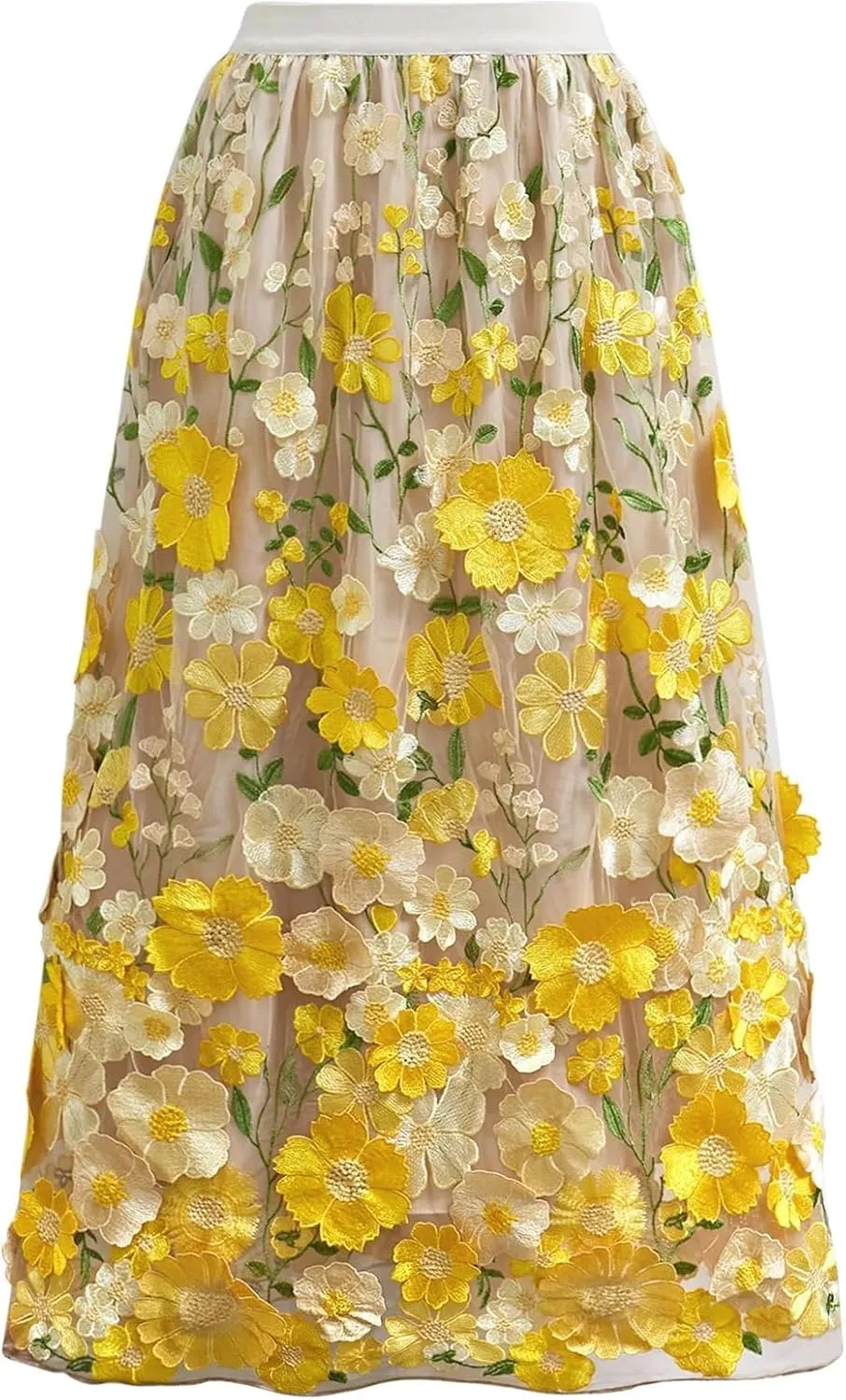 CHICWISH Women 3D Floral Applique Embroidery Maxi Skirt Elastic High Waist A-Line Garden Party Mesh Tulle Skirt