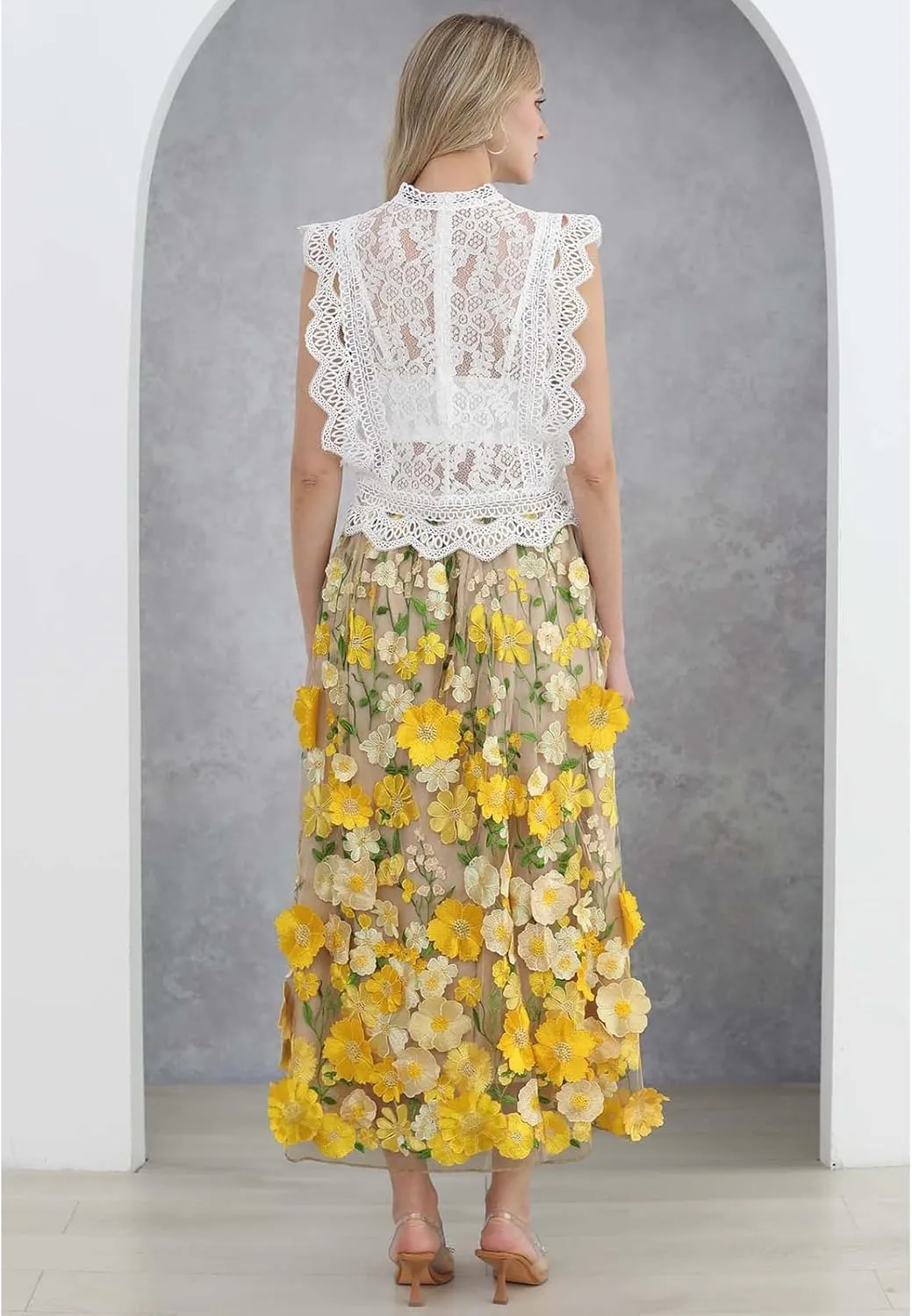 CHICWISH Women 3D Floral Applique Embroidery Maxi Skirt Elastic High Waist A-Line Garden Party Mesh Tulle Skirt