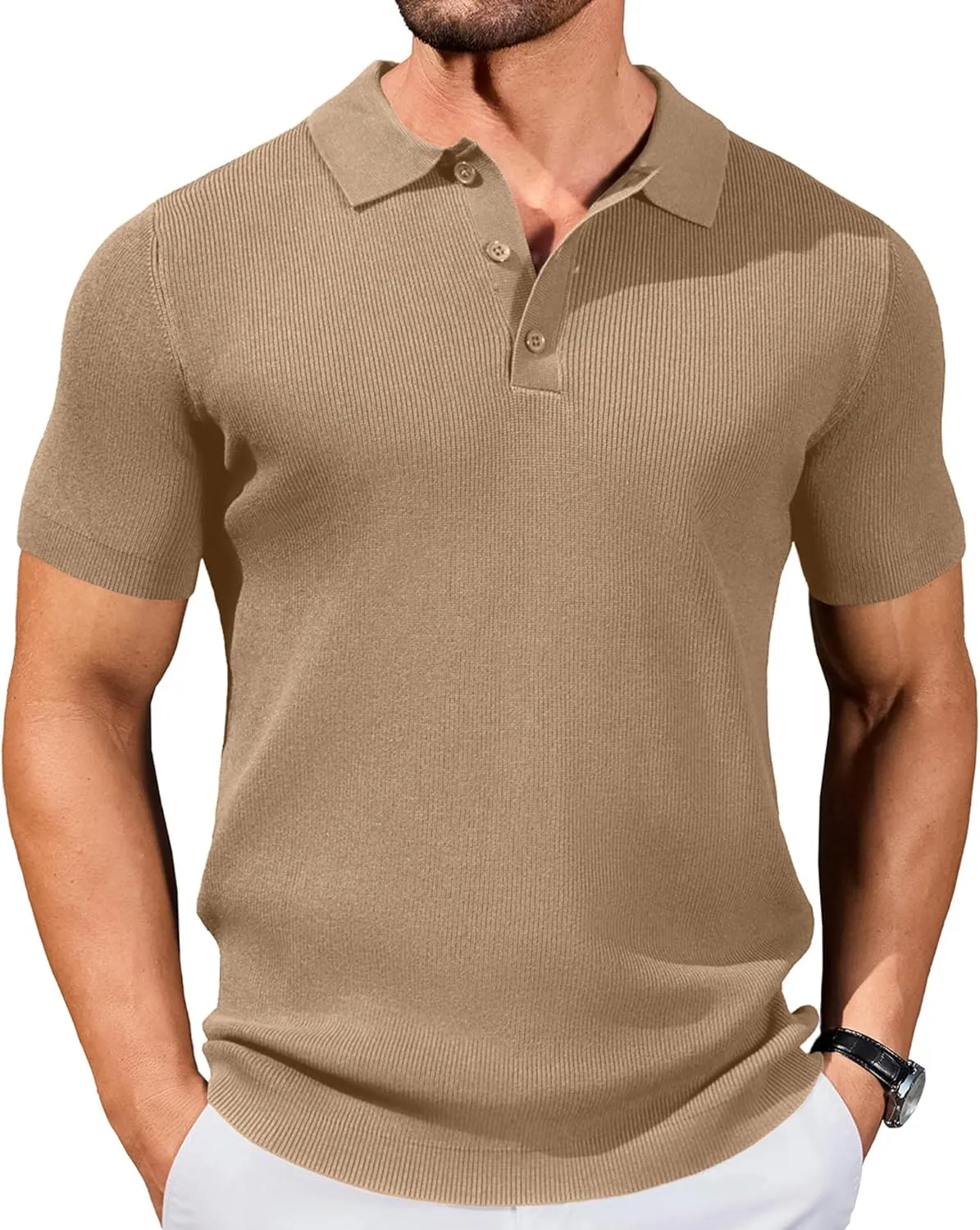 COOFANDY Mens Slim Fit Knit Polo Shirts Business Lightweight Polo Sweater Casual Summer Ribbed Textured Collared T Shirt
