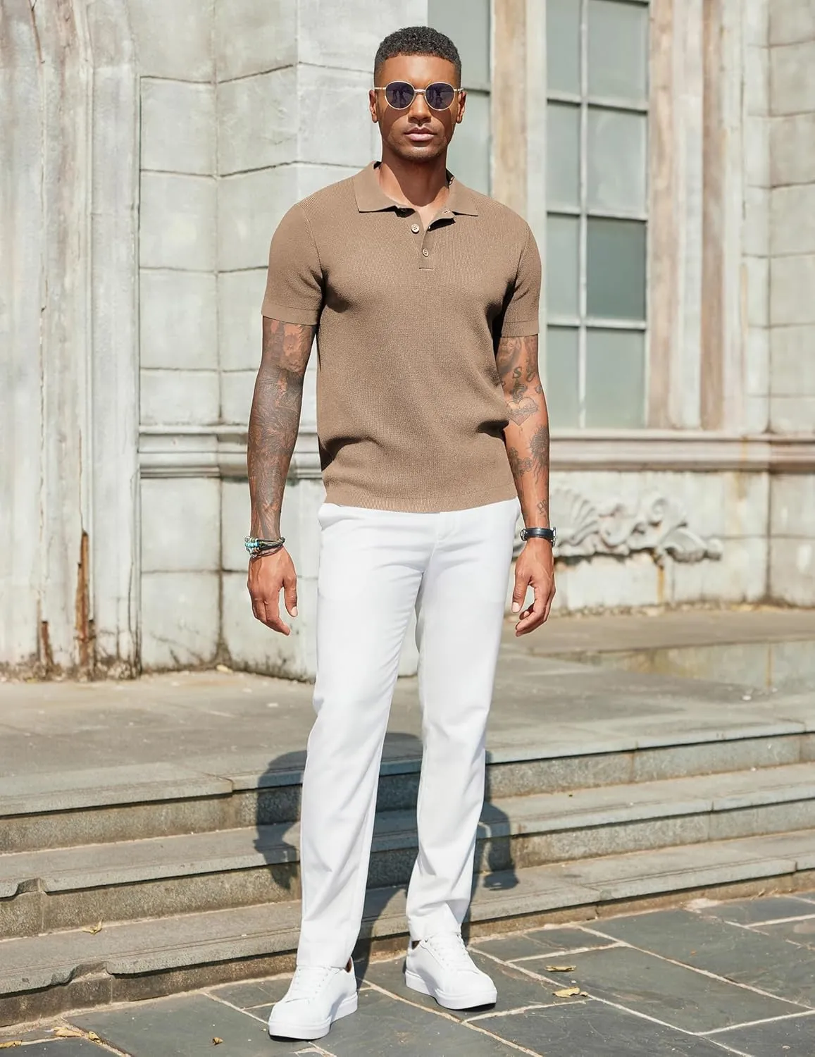 COOFANDY Mens Slim Fit Knit Polo Shirts Business Lightweight Polo Sweater Casual Summer Ribbed Textured Collared T Shirt