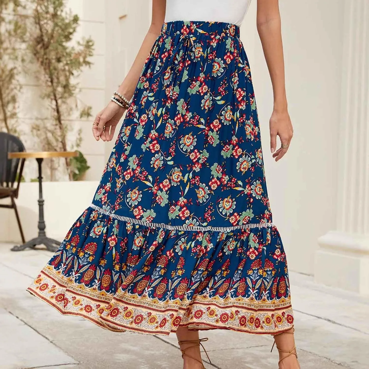 Cotton Boho Floral Maxi Skirt Women Flowy Summer Vacation Beach Outfit