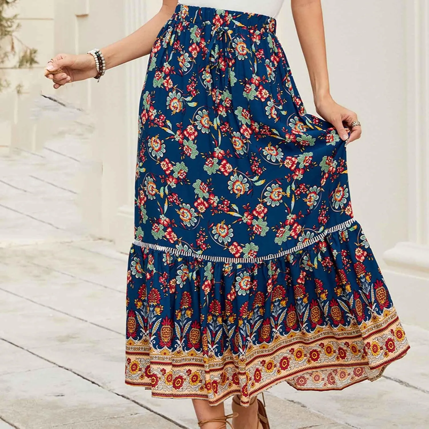 Cotton Boho Floral Maxi Skirt Women Flowy Summer Vacation Beach Outfit
