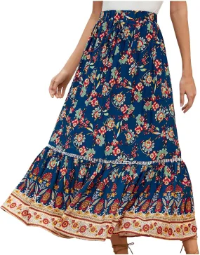 Cotton Boho Floral Maxi Skirt Women Flowy Summer Vacation Beach Outfit