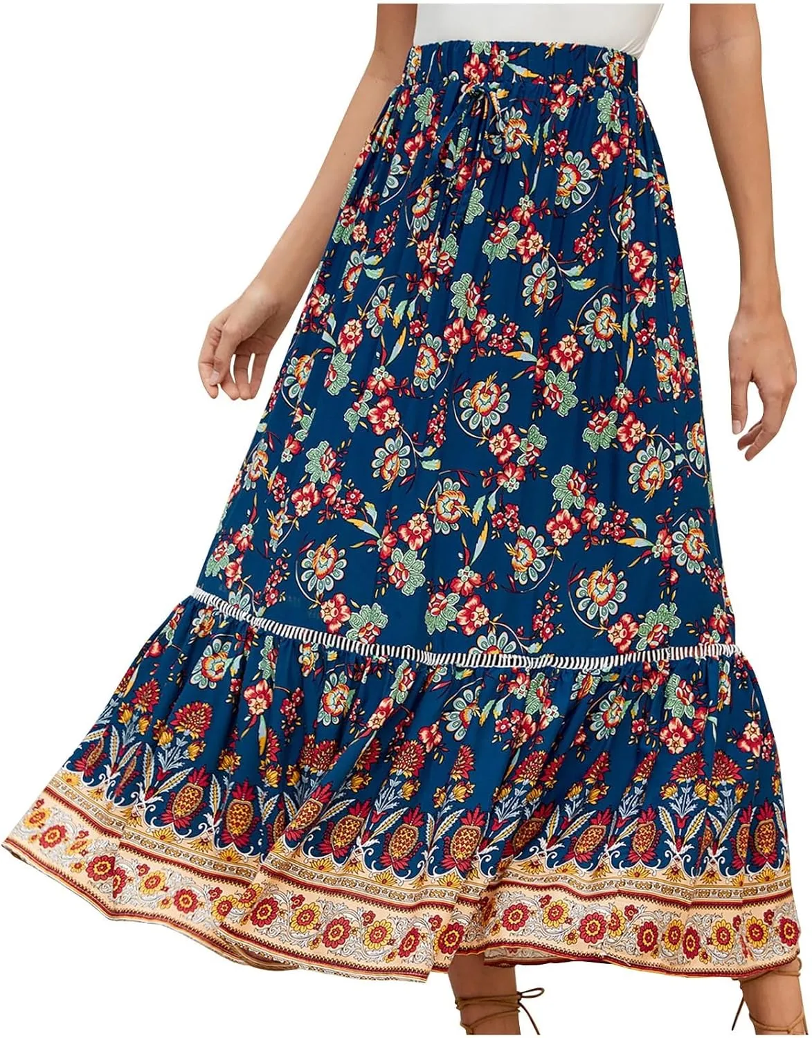 Cotton Boho Floral Maxi Skirt Women Flowy Summer Vacation Beach Outfit