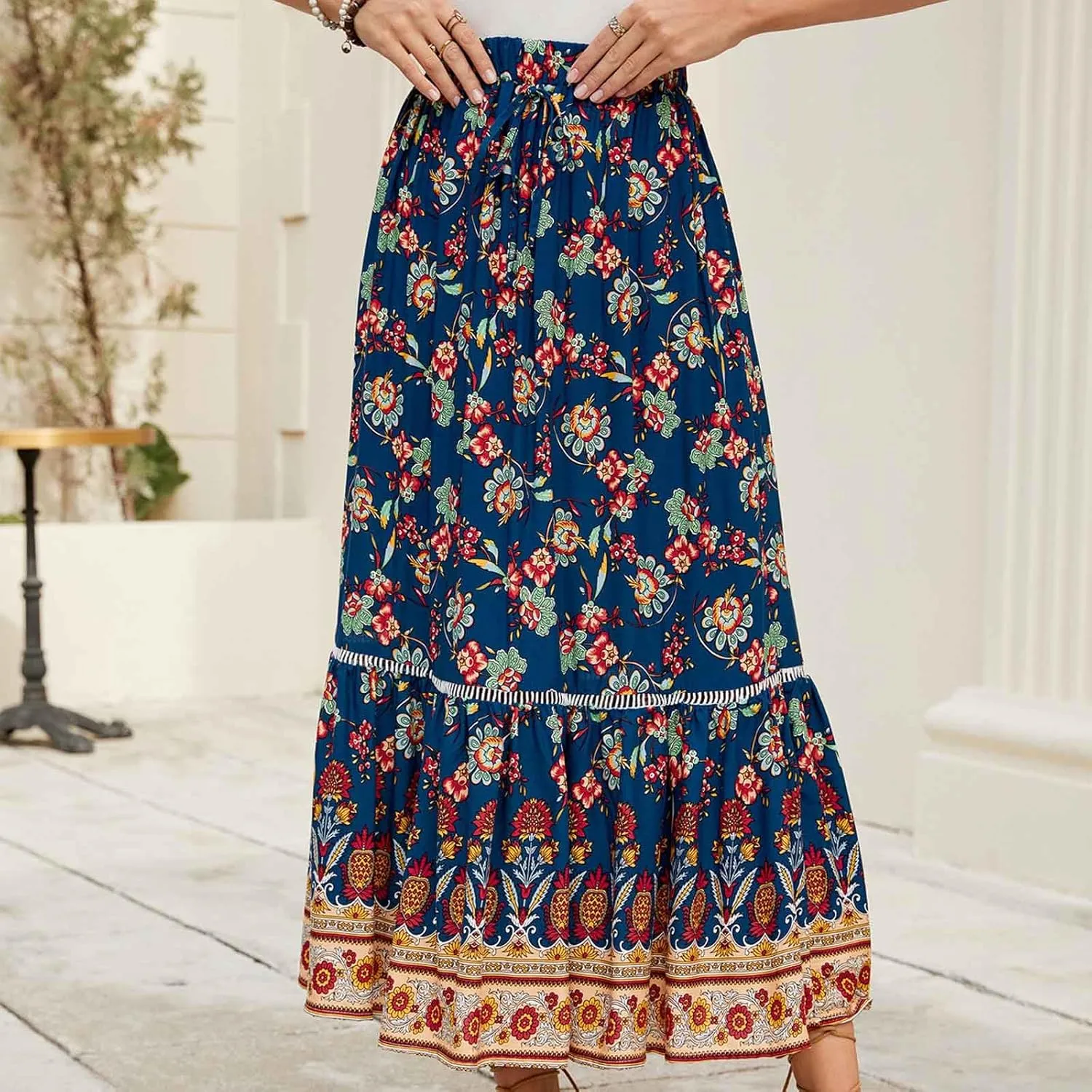 Cotton Boho Floral Maxi Skirt Women Flowy Summer Vacation Beach Outfit