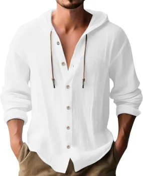 Cotton Linen Shirts for Men Long Sleeve Hooded Shirt Button Down Shirts Casual Breathable Summer Beach Hoodie Tops
