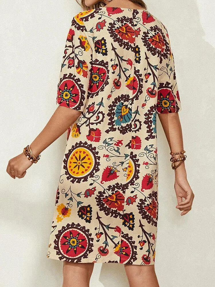 deanwangkt Ethnic Style Print Round Neck Bohemia Casual Midi Dress For Women