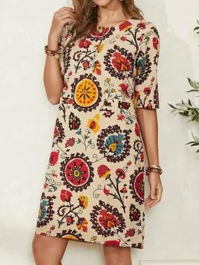 deanwangkt Ethnic Style Print Round Neck Bohemia Casual Midi Dress For Women