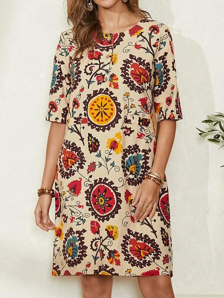 deanwangkt Ethnic Style Print Round Neck Bohemia Casual Midi Dress For Women