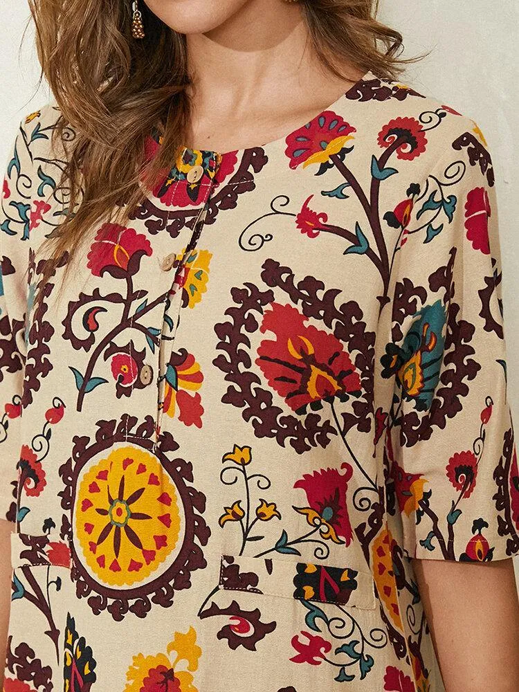 deanwangkt Ethnic Style Print Round Neck Bohemia Casual Midi Dress For Women